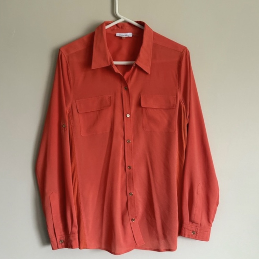 Button Front Long Sleeve Blouse in Coral